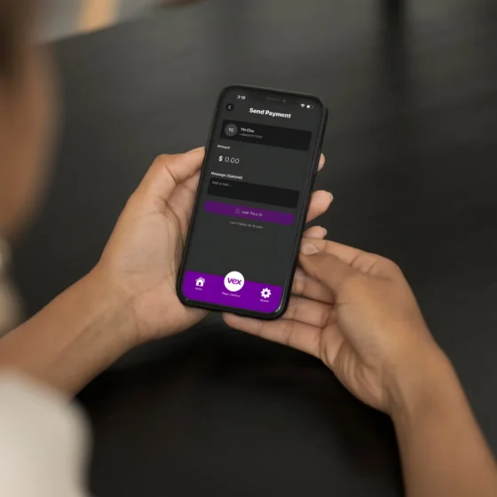Interfaz de la app Vex Wallet para aceptar pagos y mandar dinero desde USA